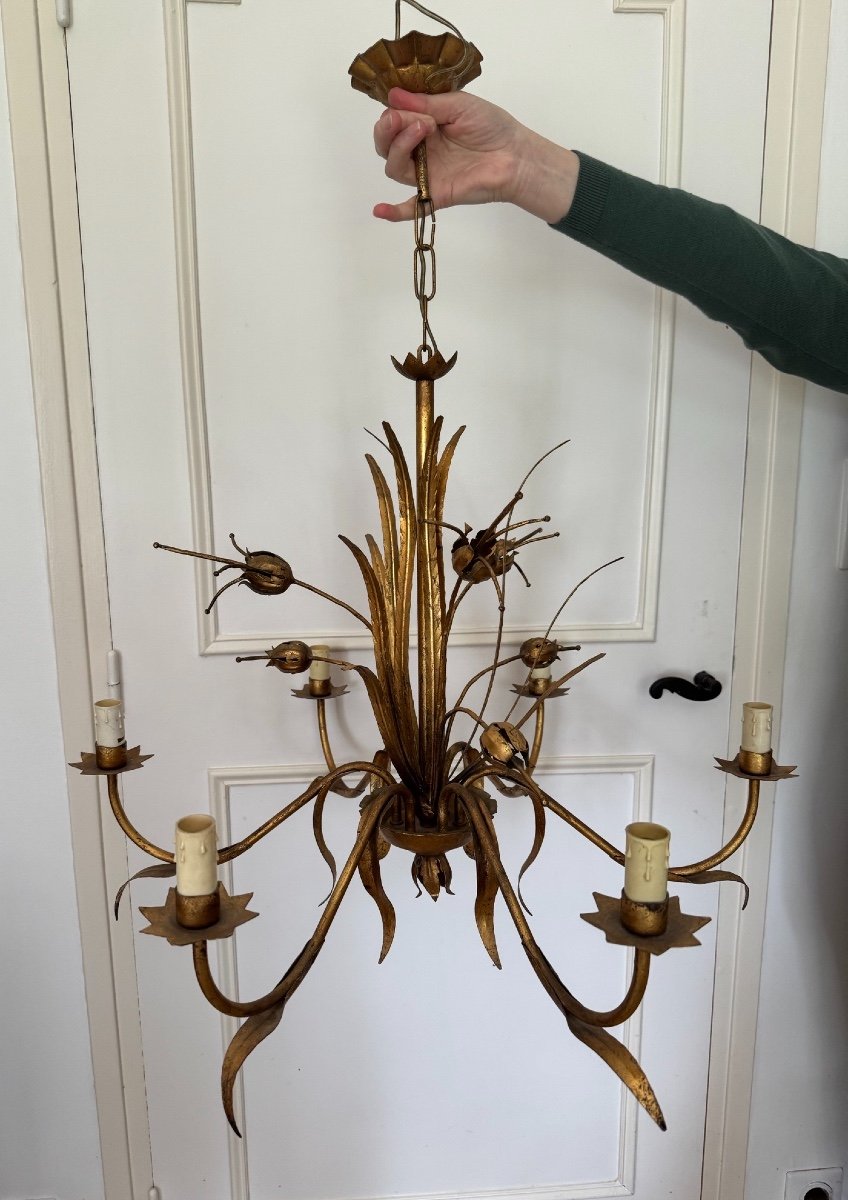 Antique Vintage Chandelier In Gold Metal With Floral Plant And Foliage Motif Circa 1960