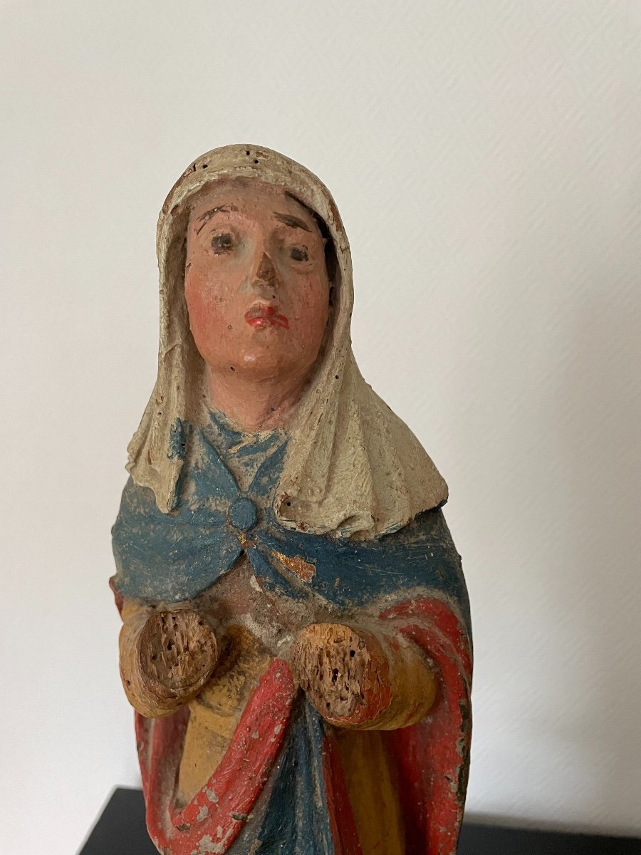 Polychrome Wood Statues Virgin And Apostle On Base End Of 17th Century Old Pair-photo-4