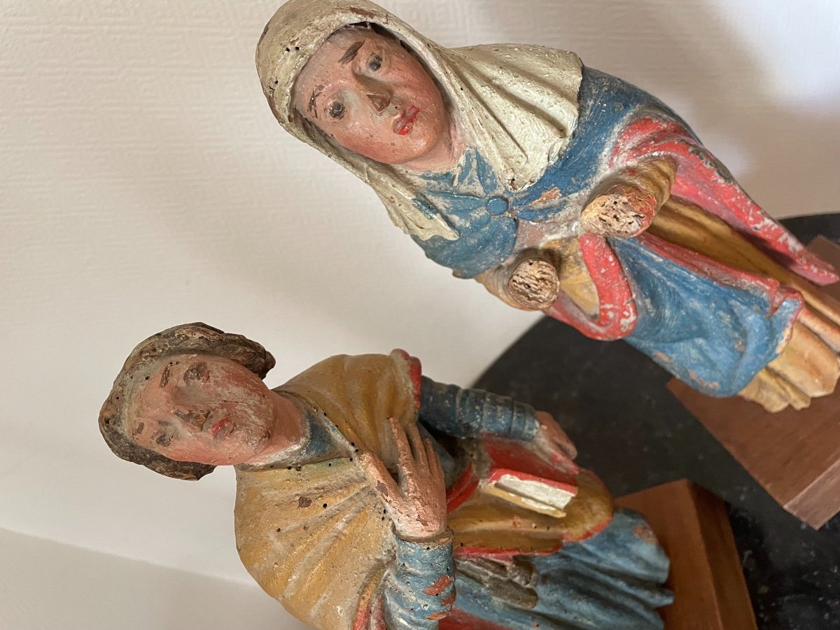 Polychrome Wood Statues Virgin And Apostle On Base End Of 17th Century Old Pair-photo-8