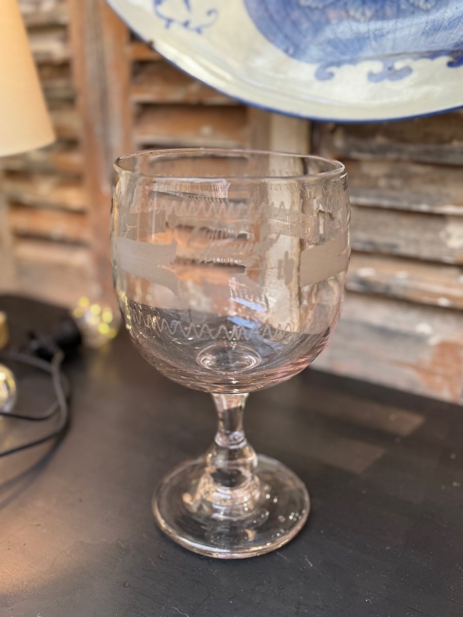 Ancien  Verre  Gravé De Mariage Normand Epoque XIX Eme Siècle Normandie Verre à Pied -photo-3