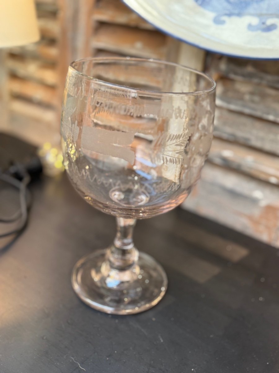 Ancien  Verre  Gravé De Mariage Normand Epoque XIX Eme Siècle Normandie Verre à Pied -photo-4