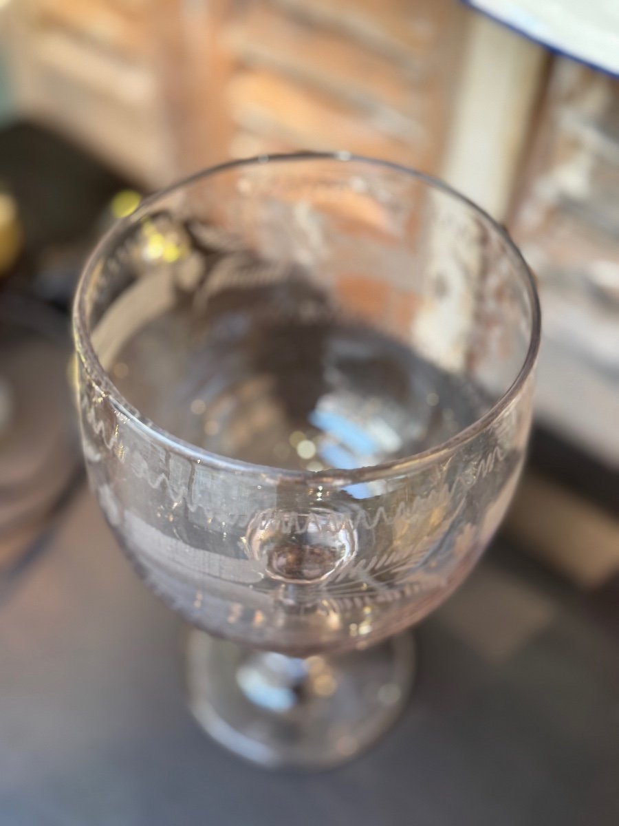 Ancien  Verre  Gravé De Mariage Normand Epoque XIX Eme Siècle Normandie Verre à Pied -photo-5