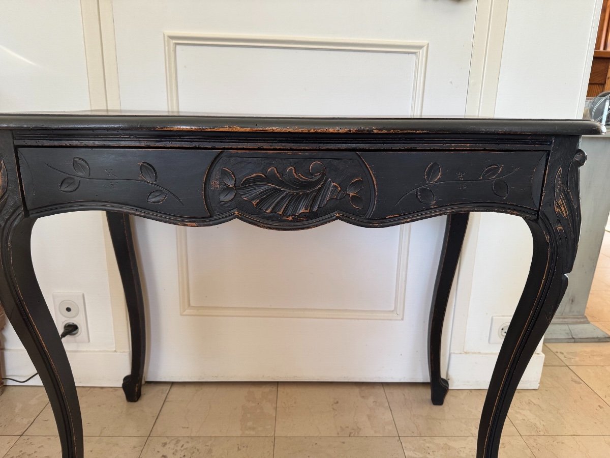 Antique Console In Carved Art Nouveau Wood Circa 1900 Re-lacquered In Black, Painted And Patinated -photo-2