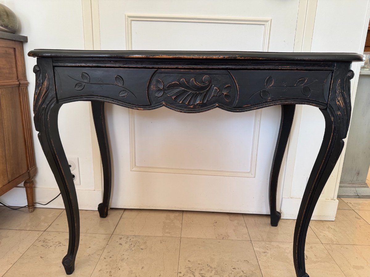 Antique Console In Carved Art Nouveau Wood Circa 1900 Re-lacquered In Black, Painted And Patinated -photo-3