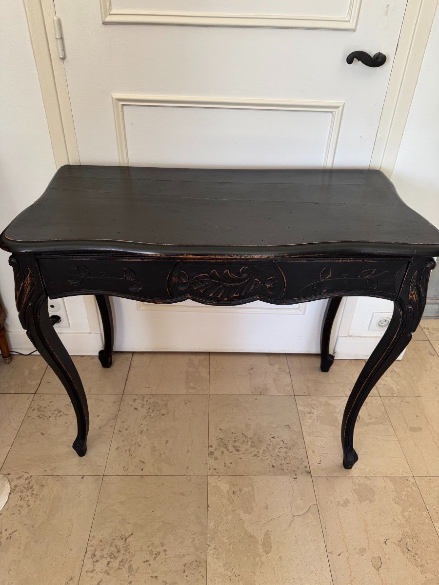 Antique Console In Carved Art Nouveau Wood Circa 1900 Re-lacquered In Black, Painted And Patinated -photo-4