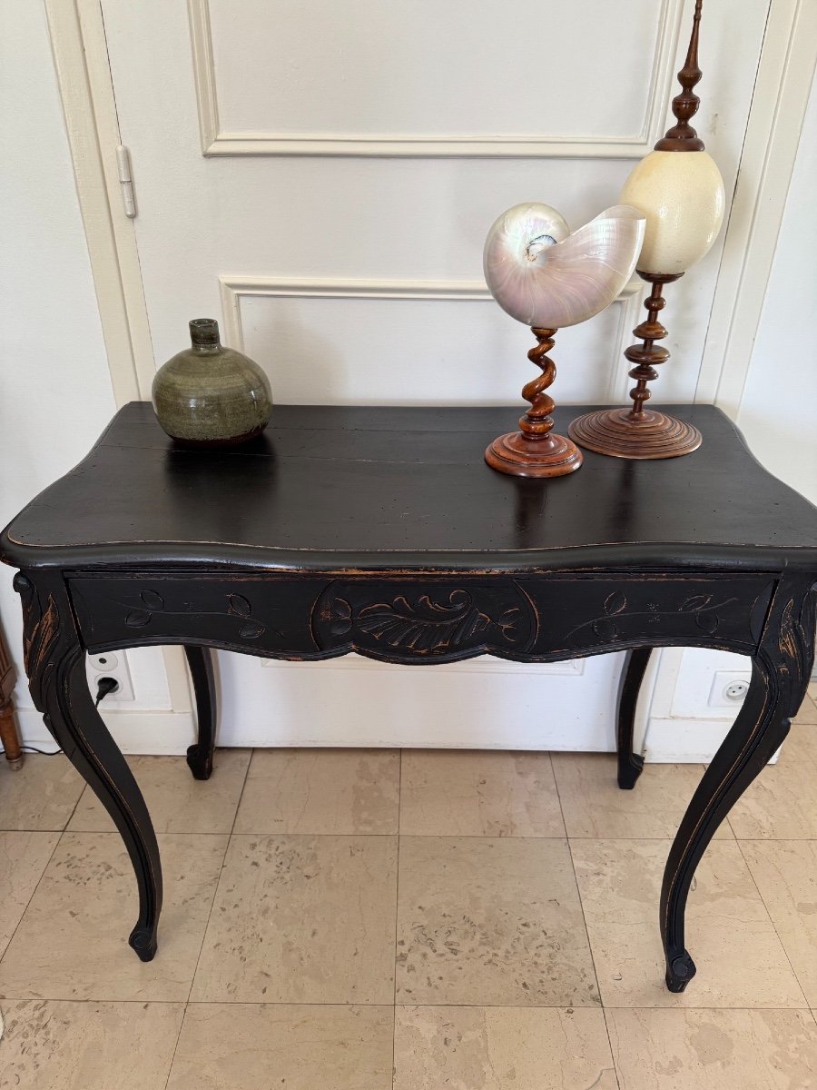 Antique Console In Carved Art Nouveau Wood Circa 1900 Re-lacquered In Black, Painted And Patinated -photo-1