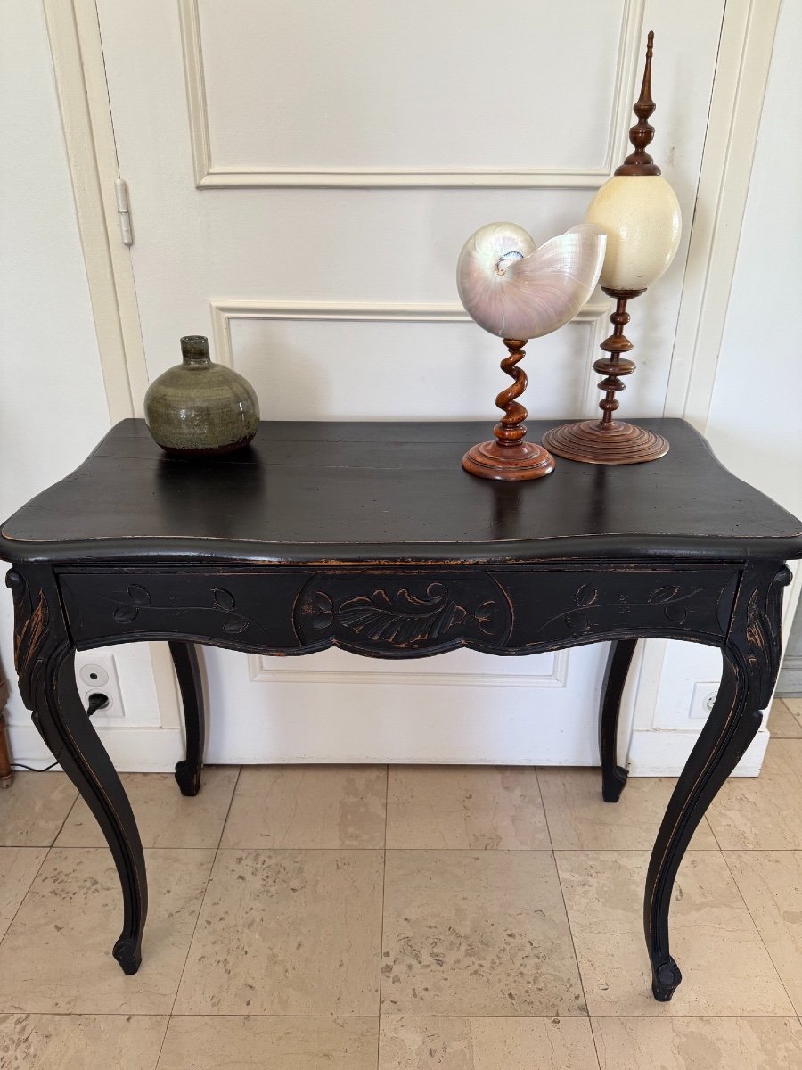 Antique Console In Carved Art Nouveau Wood Circa 1900 Re-lacquered In Black, Painted And Patinated -photo-2