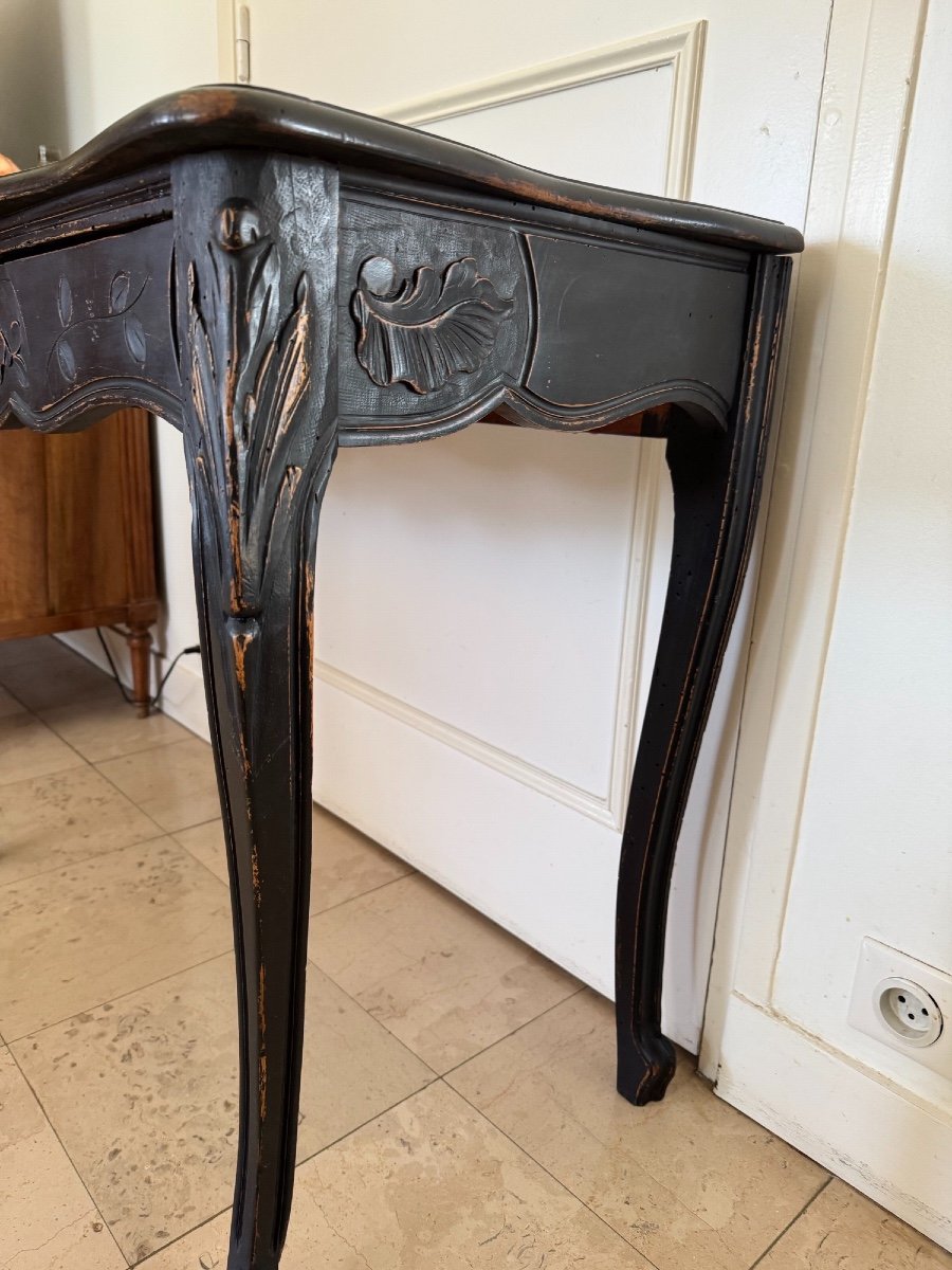 Antique Console In Carved Art Nouveau Wood Circa 1900 Re-lacquered In Black, Painted And Patinated -photo-4