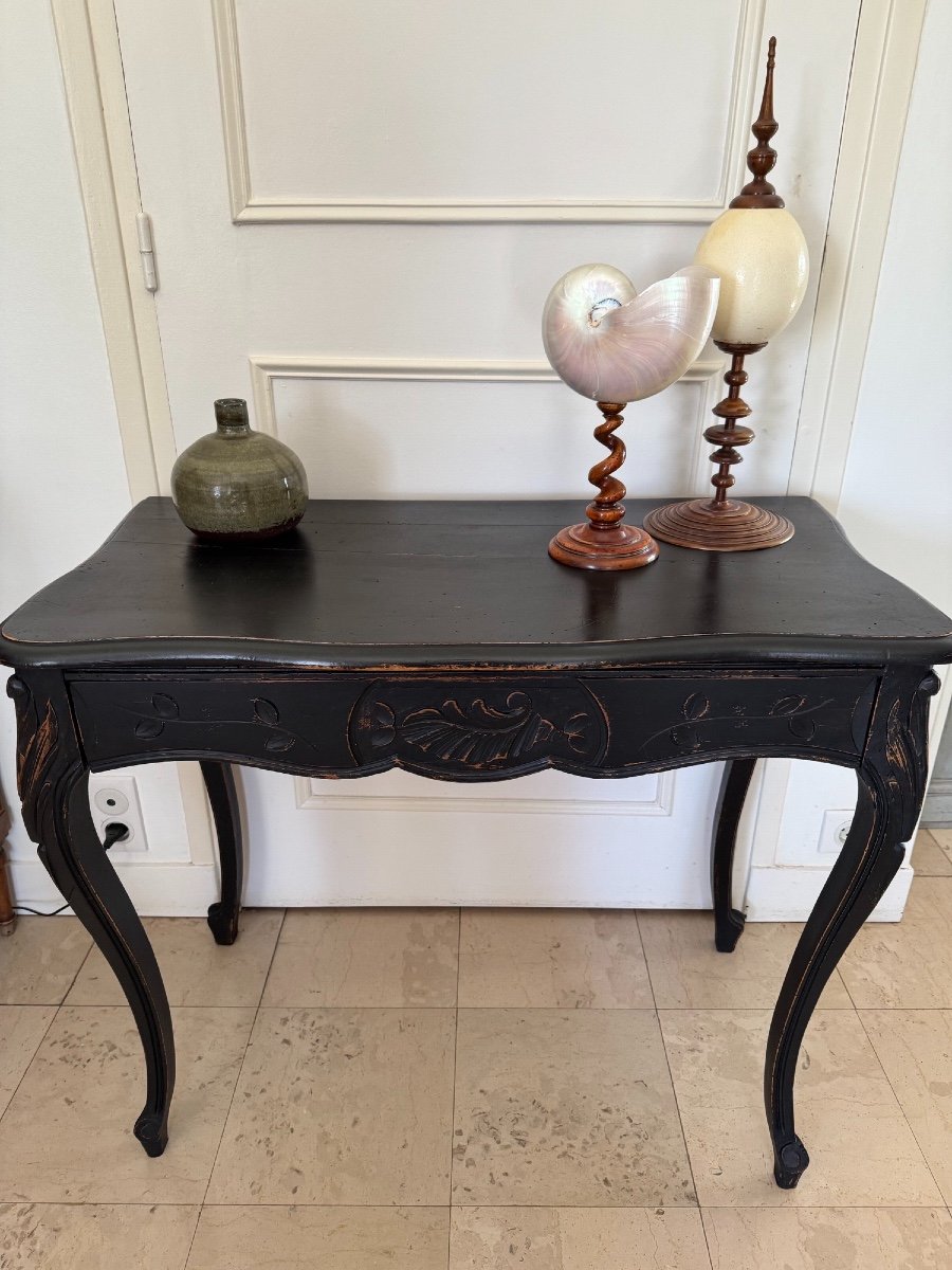 Antique Console In Carved Art Nouveau Wood Circa 1900 Re-lacquered In Black, Painted And Patinated 