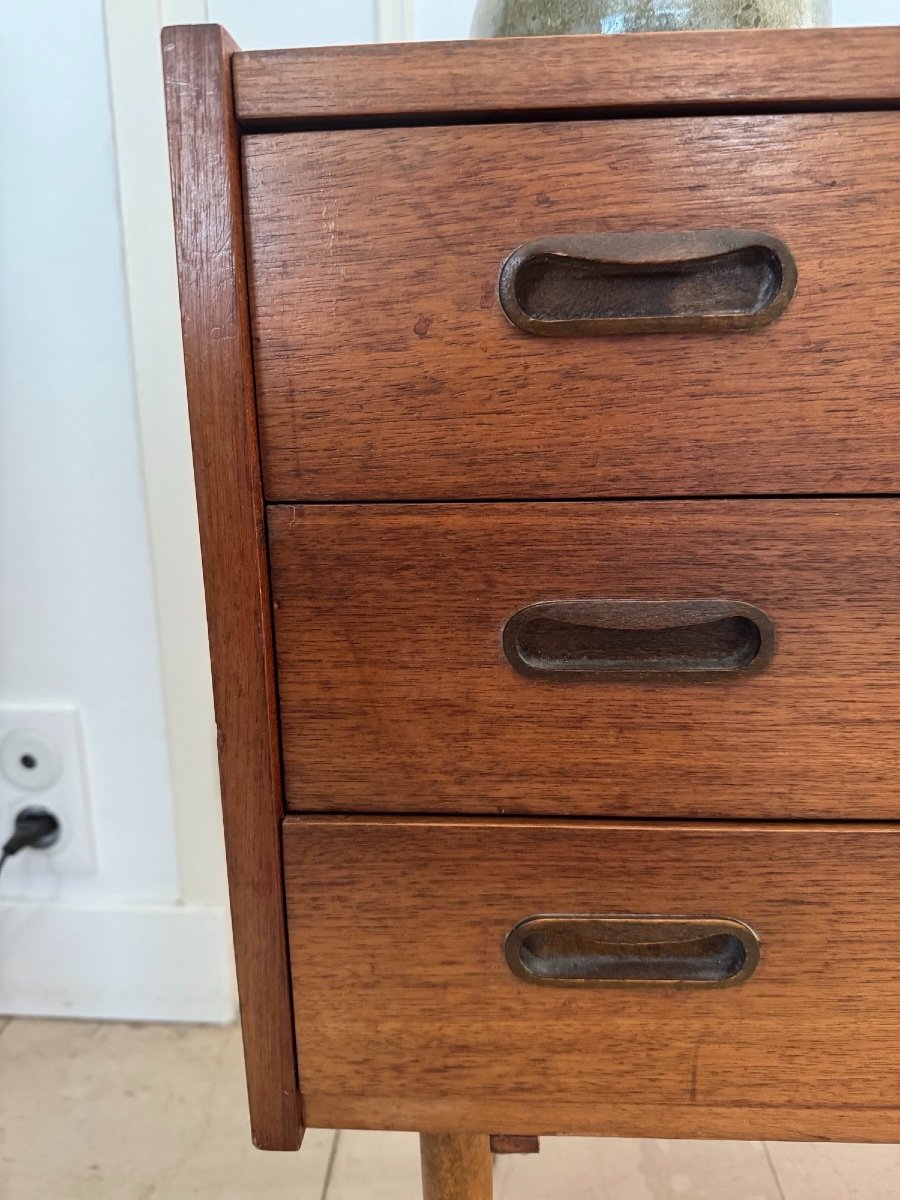 Old And Very Small Scandinavian Teak Sideboard Or Bedside Chest Of Drawers Vintage 1960-photo-3