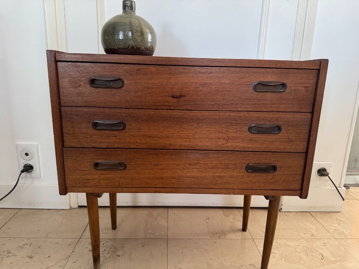 Old And Very Small Scandinavian Teak Sideboard Or Bedside Chest Of Drawers Vintage 1960-photo-4