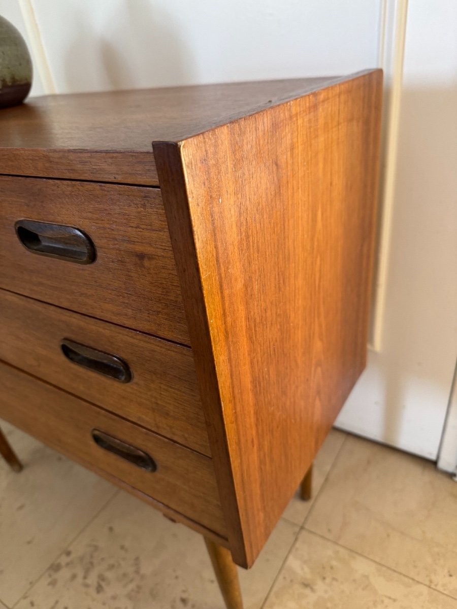 Old And Very Small Scandinavian Teak Sideboard Or Bedside Chest Of Drawers Vintage 1960-photo-3