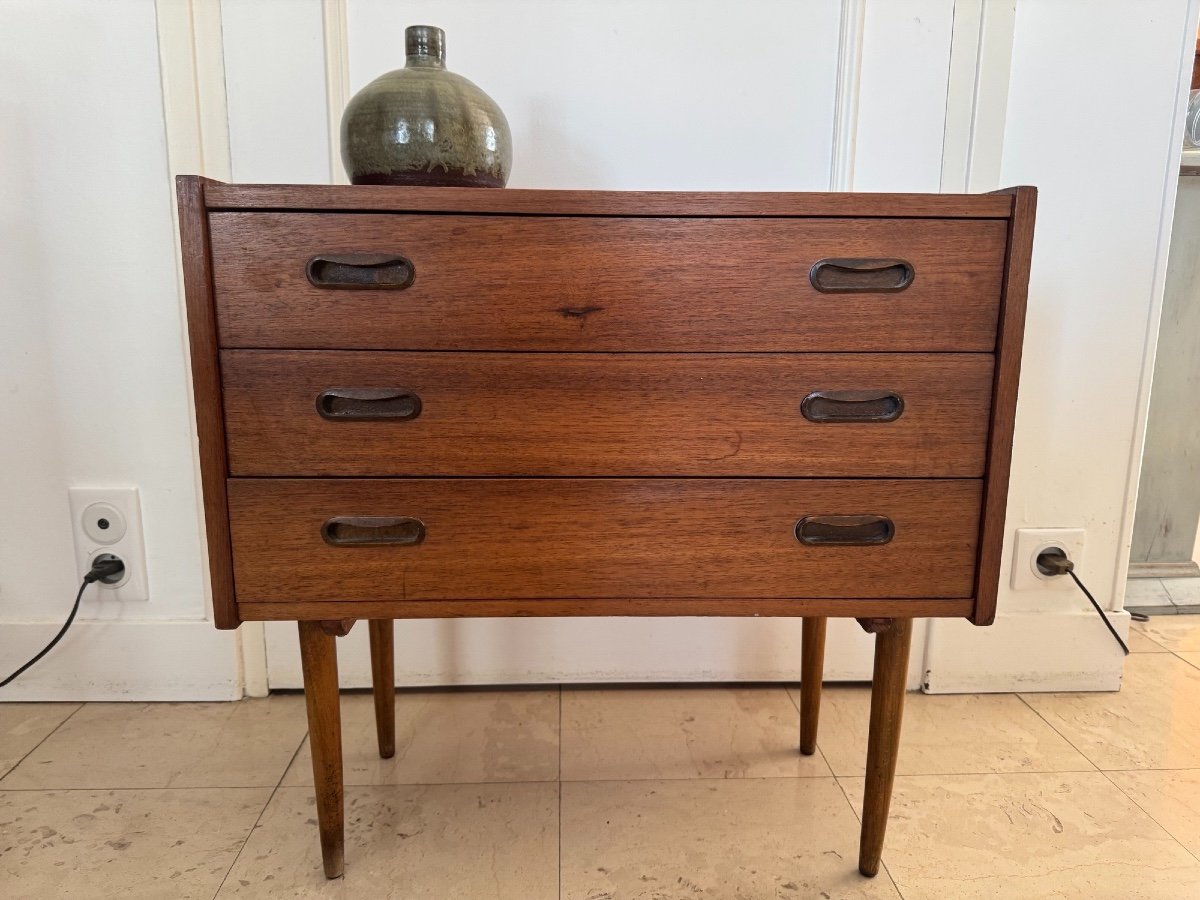 Old And Very Small Scandinavian Teak Sideboard Or Bedside Chest Of Drawers Vintage 1960-photo-7