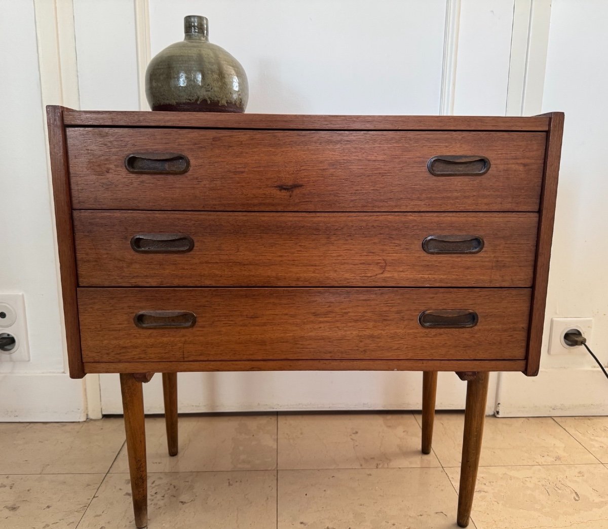 Old And Very Small Scandinavian Teak Sideboard Or Bedside Chest Of Drawers Vintage 1960