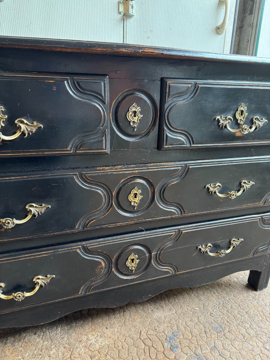 Antique 18th Century Chest Of Drawers, Called Parisian, With 3 Drawers, Black Patina, Rechampi Walnut, Louis XIV-photo-1