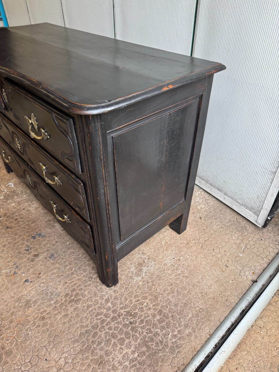 Antique 18th Century Chest Of Drawers, Called Parisian, With 3 Drawers, Black Patina, Rechampi Walnut, Louis XIV-photo-2