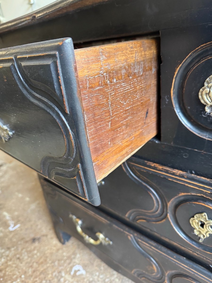 Antique 18th Century Chest Of Drawers, Called Parisian, With 3 Drawers, Black Patina, Rechampi Walnut, Louis XIV-photo-5