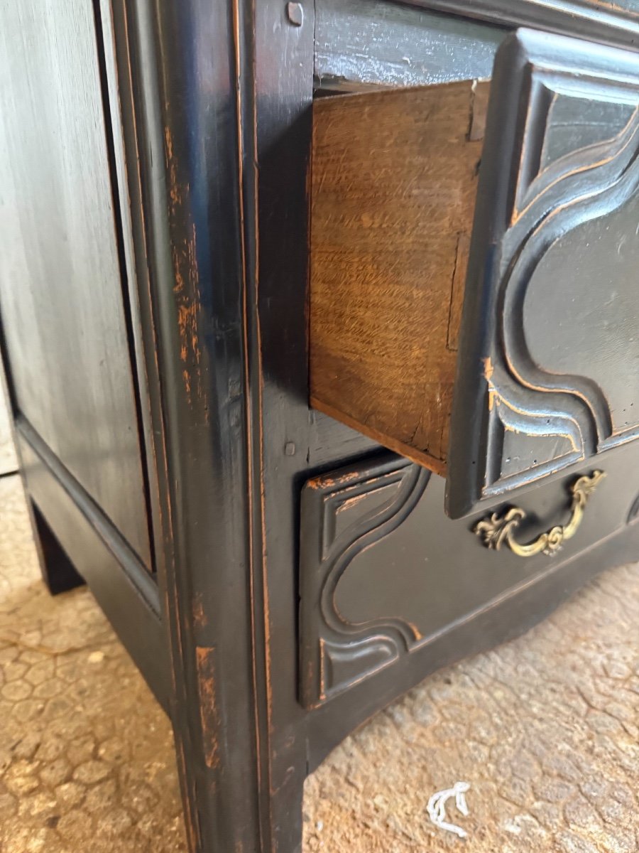 Antique 18th Century Chest Of Drawers, Called Parisian, With 3 Drawers, Black Patina, Rechampi Walnut, Louis XIV-photo-6