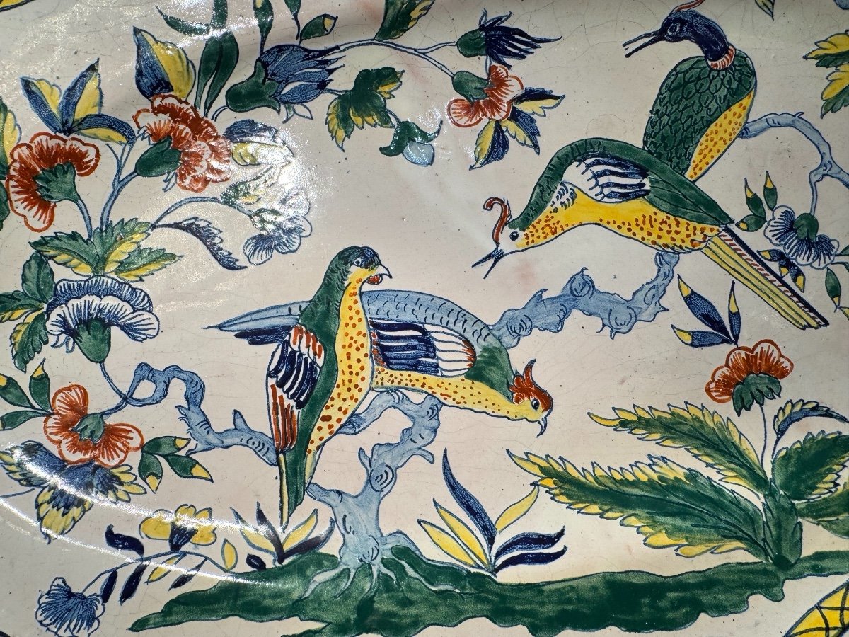 Ancien Plat Ovale En Faience Porquier-beau : Décor Oiseaux De Sinceny Fin XIX Eme Musée Quimper-photo-3