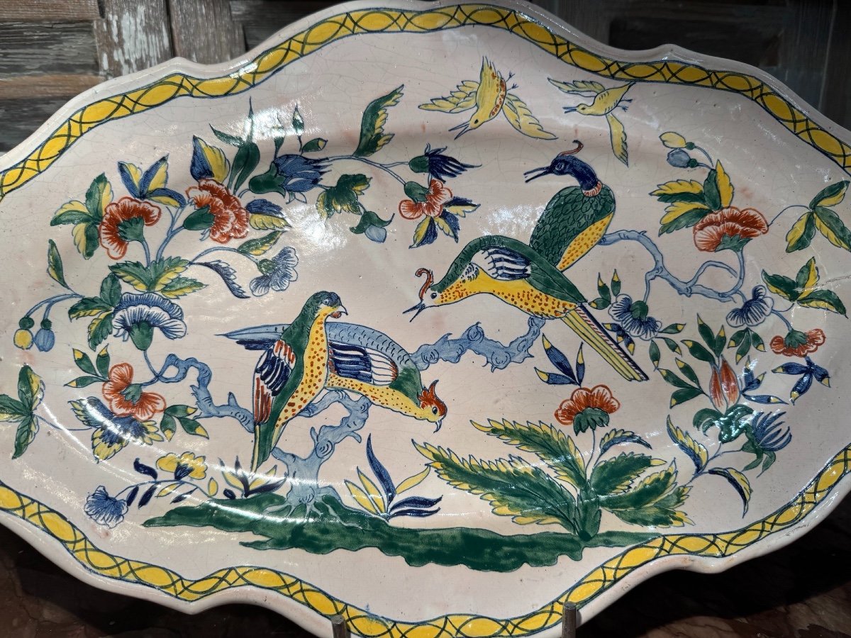 Old Oval Dish Pouplard Earthenware: Decorated With Birds From Sinceny, End Of 19th Century, -photo-4