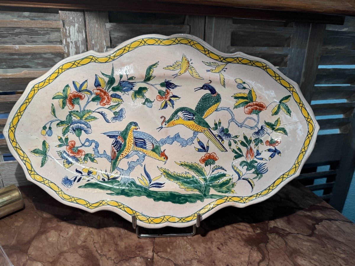 Old Oval Dish Pouplard Earthenware: Decorated With Birds From Sinceny, End Of 19th Century, -photo-1