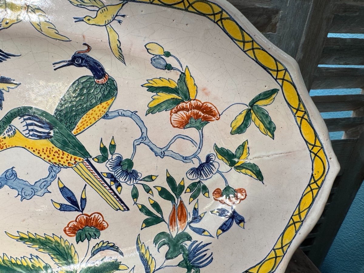 Old Oval Dish Pouplard Earthenware: Decorated With Birds From Sinceny, End Of 19th Century, -photo-2