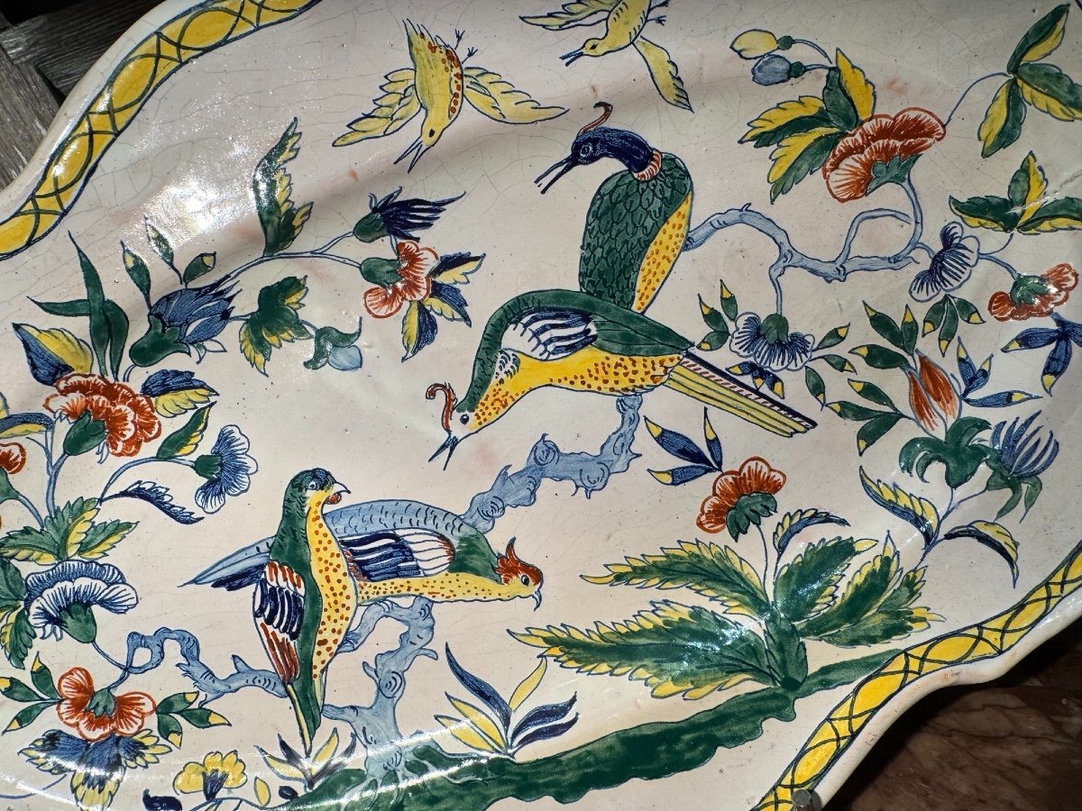 Old Oval Dish Pouplard Earthenware: Decorated With Birds From Sinceny, End Of 19th Century, -photo-3