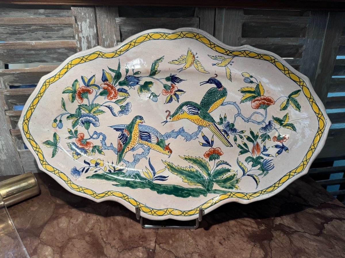 Old Oval Dish Pouplard Earthenware: Decorated With Birds From Sinceny, End Of 19th Century, -photo-4