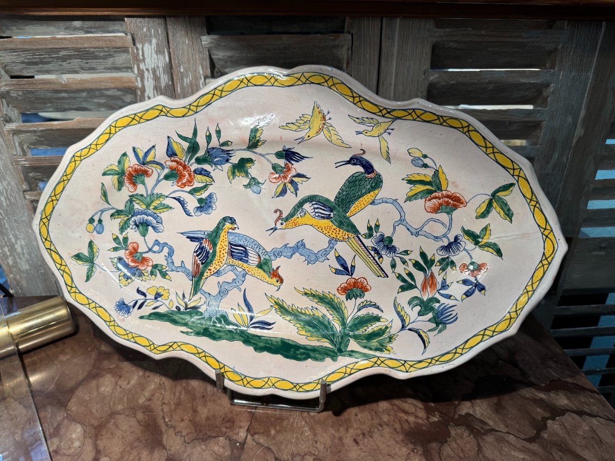 Old Oval Dish Pouplard Earthenware: Decorated With Birds From Sinceny, End Of 19th Century, -photo-8