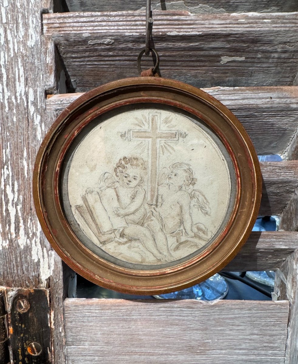 Old Small Drawing End Of The 18th Century Ink Wash Drawing: The Two Angels Reading