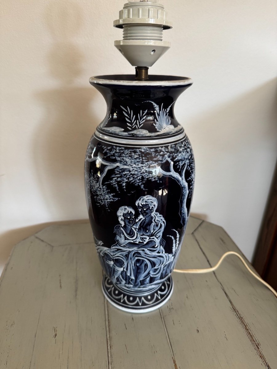 Old Nevers Earthenware Lamp By Gerard Montagnon Early 20th Century Blue White Earthenware-photo-3