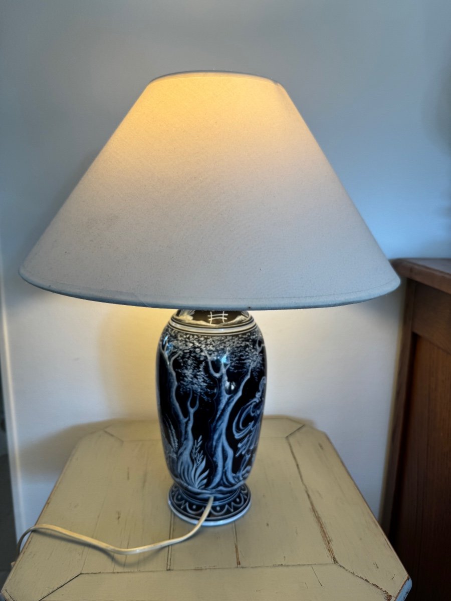 Old Nevers Earthenware Lamp By Gerard Montagnon Early 20th Century Blue White Earthenware-photo-6