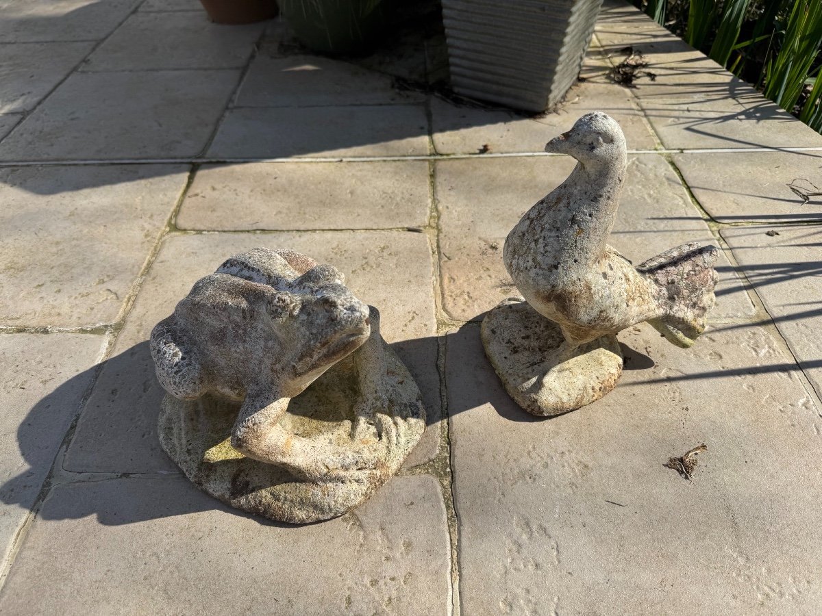 Frog And Pigeon Lot: Reconstituted Stone Animals Garden Circa 1950 Vintage Exterior-photo-1