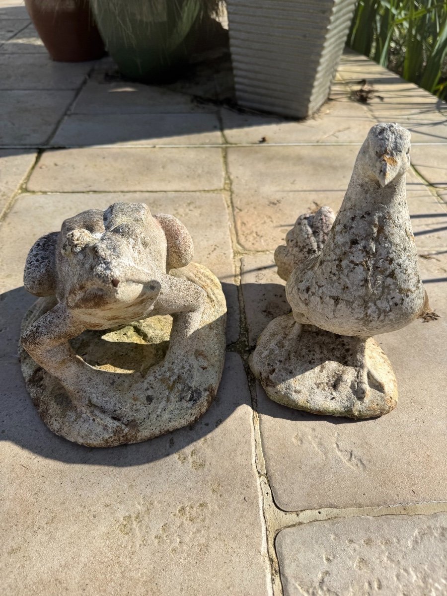 Frog And Pigeon Lot: Reconstituted Stone Animals Garden Circa 1950 Vintage Exterior-photo-6