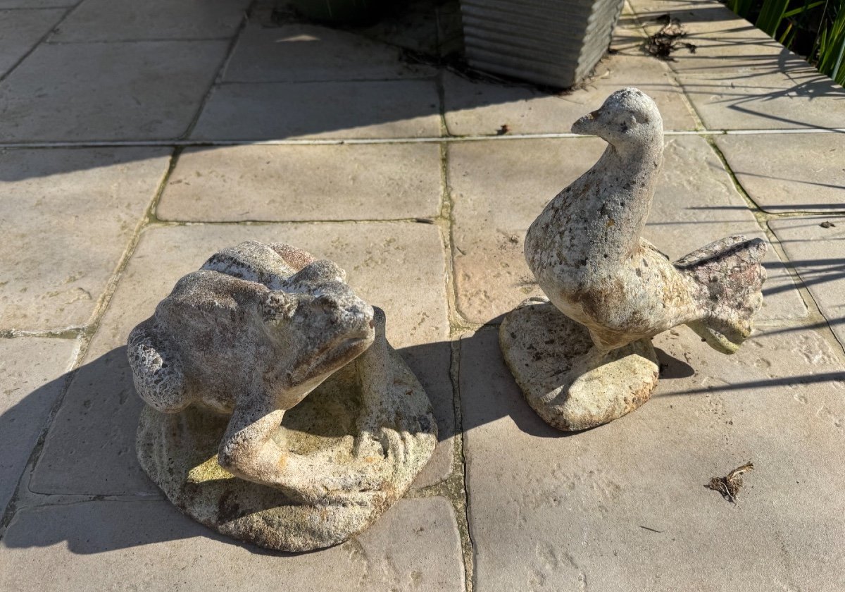 Frog And Pigeon Lot: Reconstituted Stone Animals Garden Circa 1950 Vintage Exterior