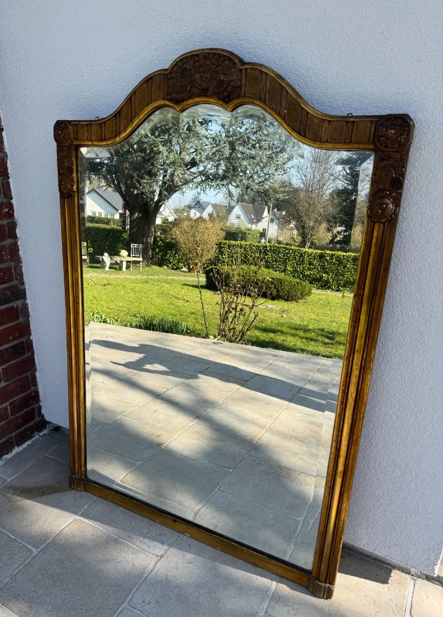 Antique Art Deco Fireplace Mirror In Wood And Gilded Stucco Art Nouveau Circa 1920