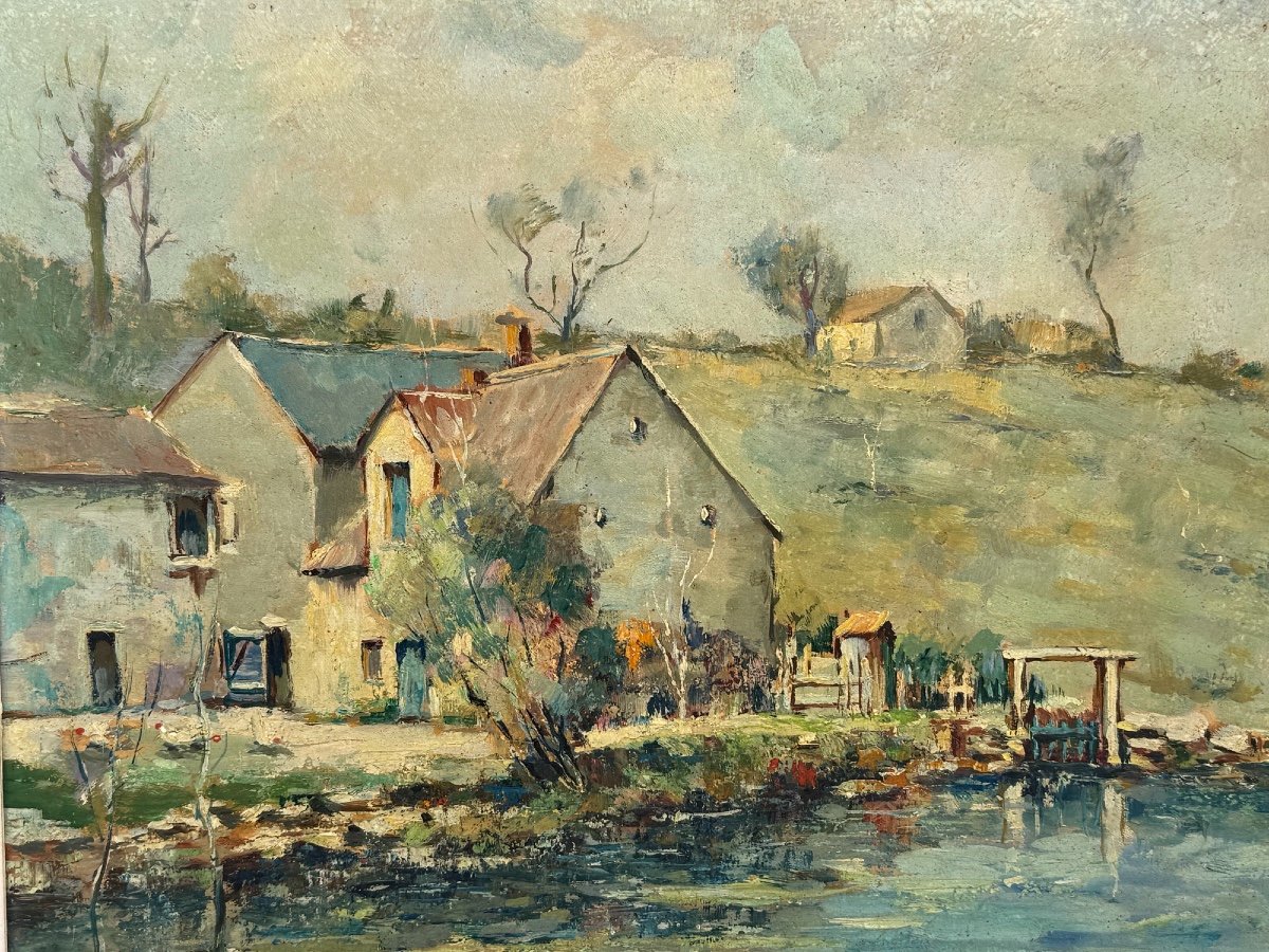 Ancien Tableau Paysage Champêtre Par Henri Stenn Huile Sur Panneau Milieu XX ème -photo-3