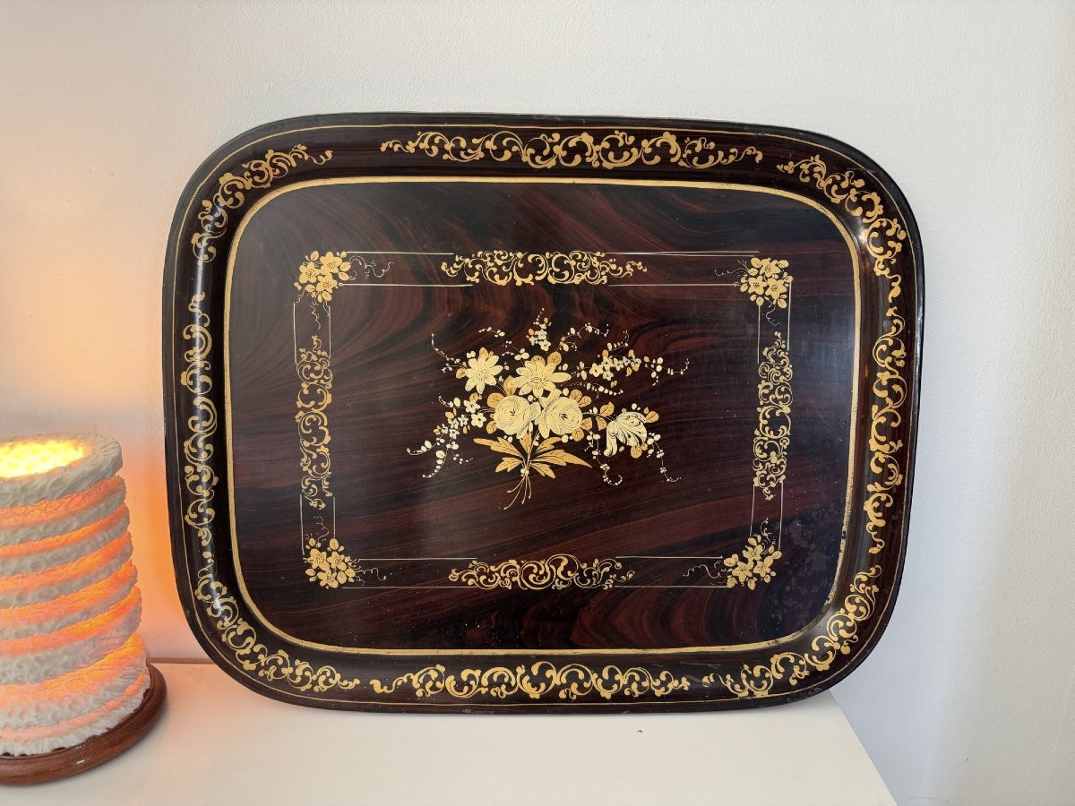 Antique Painted Sheet Metal Tray With Floral Decor Napoleon III 19th Century Tole Napoléon 3 -photo-2