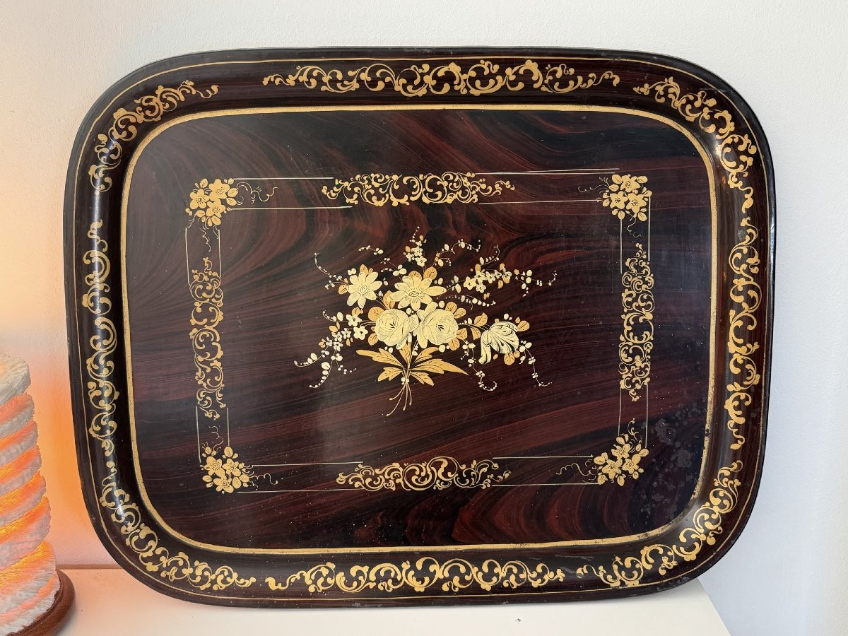 Antique Painted Sheet Metal Tray With Floral Decor Napoleon III 19th Century Tole Napoléon 3 -photo-5