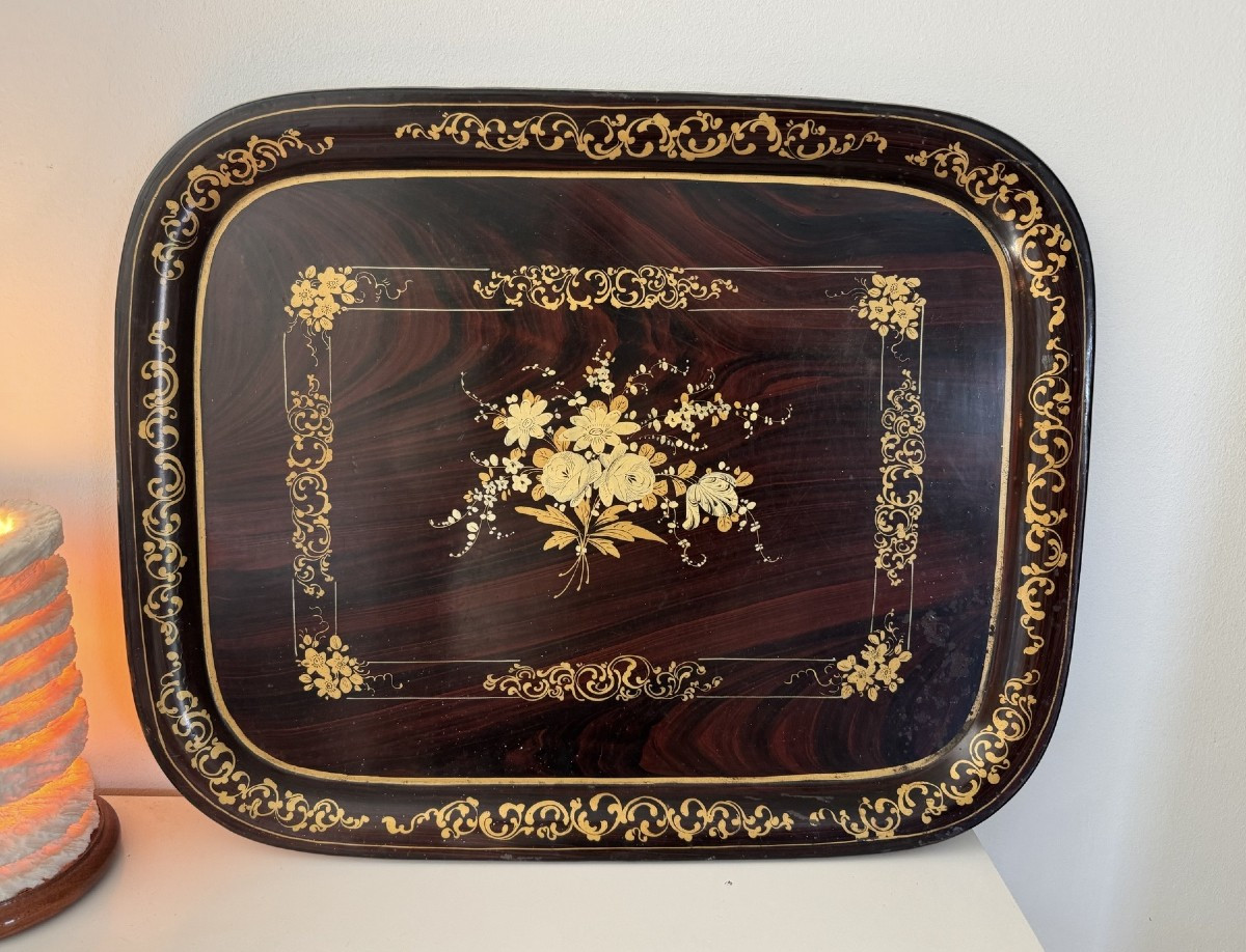 Antique Painted Sheet Metal Tray With Floral Decor Napoleon III 19th Century Tole Napoléon 3 