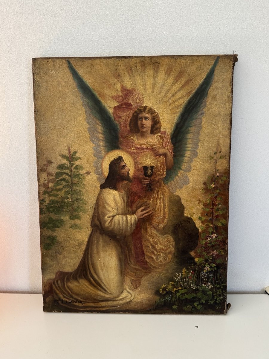 Ancien Tableau à l'Huile Sur Toile : Jesus Au Jardin Des Oliviers Début XIX Eme Fin XVIII Eme-photo-2