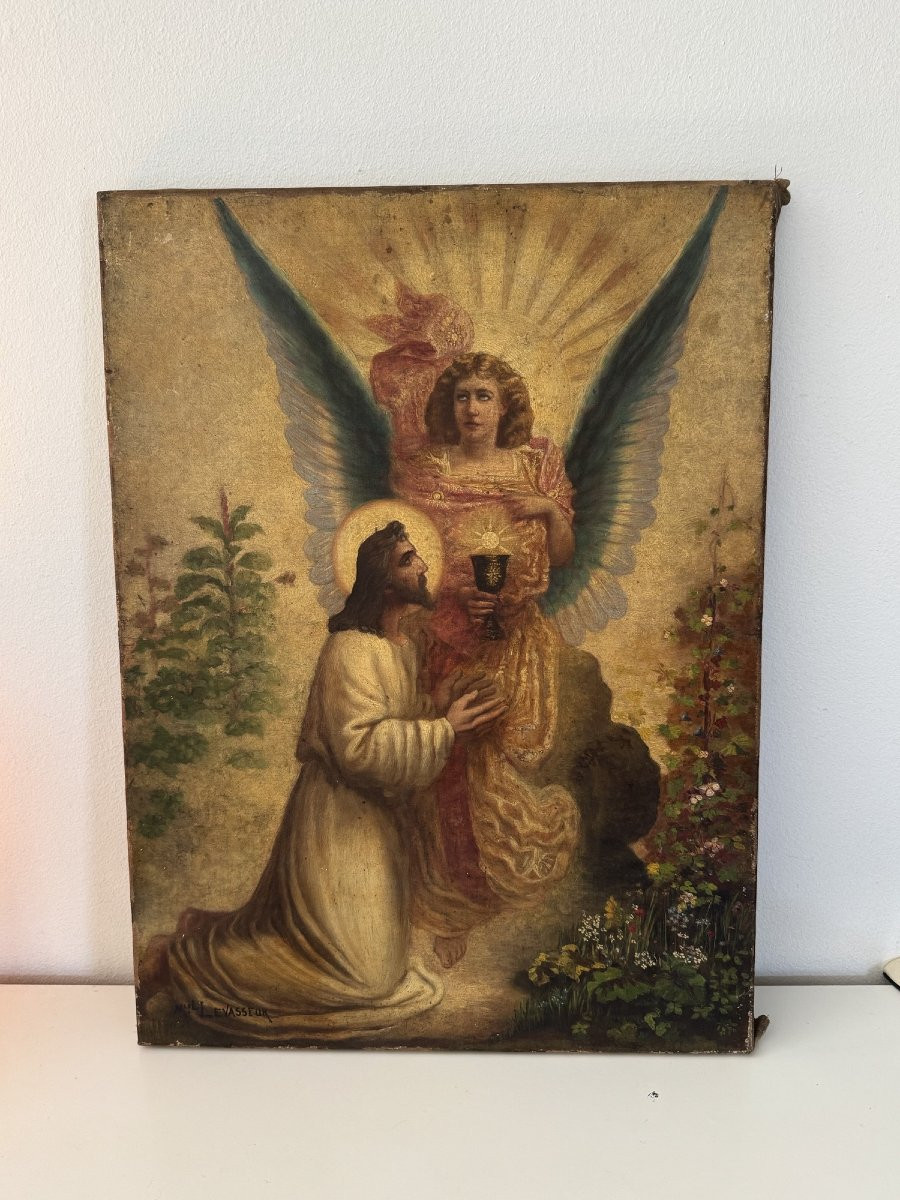 Ancien Tableau à l'Huile Sur Toile : Jesus Au Jardin Des Oliviers Début XIX Eme Fin XVIII Eme-photo-3