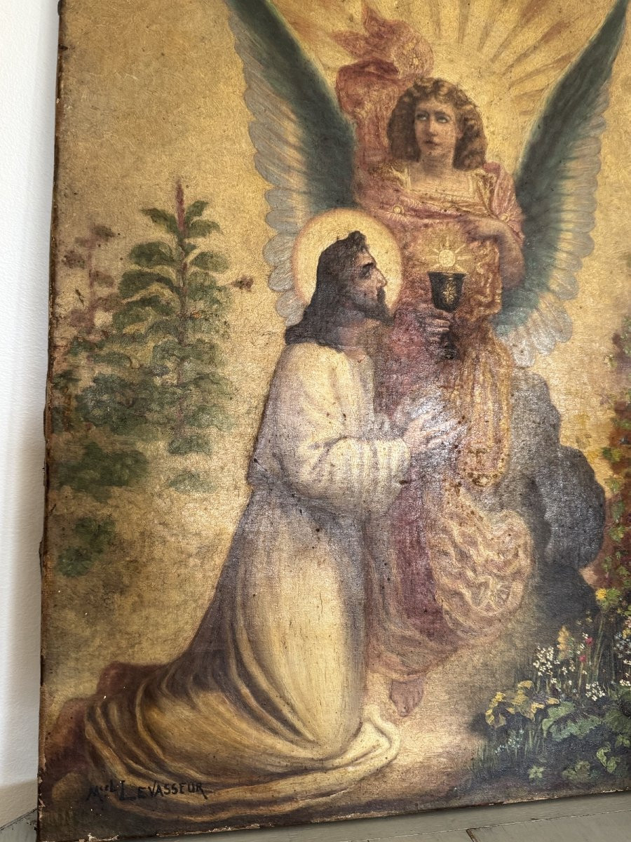 Ancien Tableau à l'Huile Sur Toile : Jesus Au Jardin Des Oliviers Début XIX Eme Fin XVIII Eme-photo-2