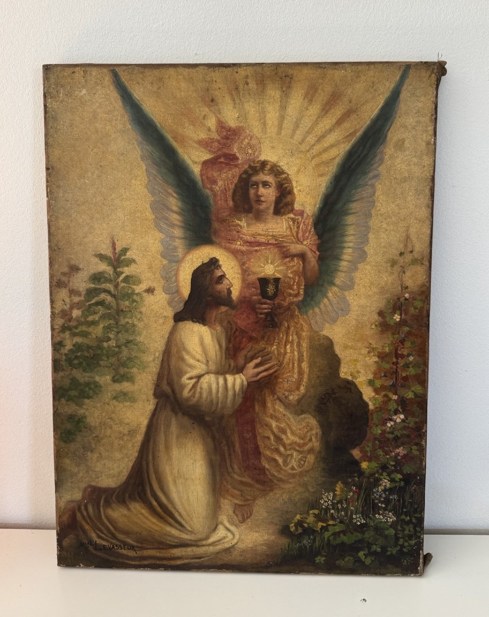 Ancien Tableau à l'Huile Sur Toile : Jesus Au Jardin Des Oliviers Début XIX Eme Fin XVIII Eme