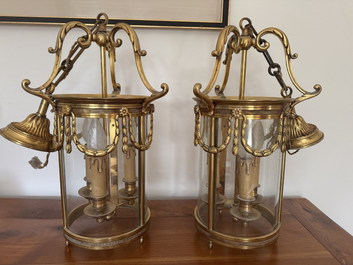 Antique Pair Of Louis XVI Style Bronze Lanterns Mid 20th Century Ceiling Chandelier 74 Cm-photo-1