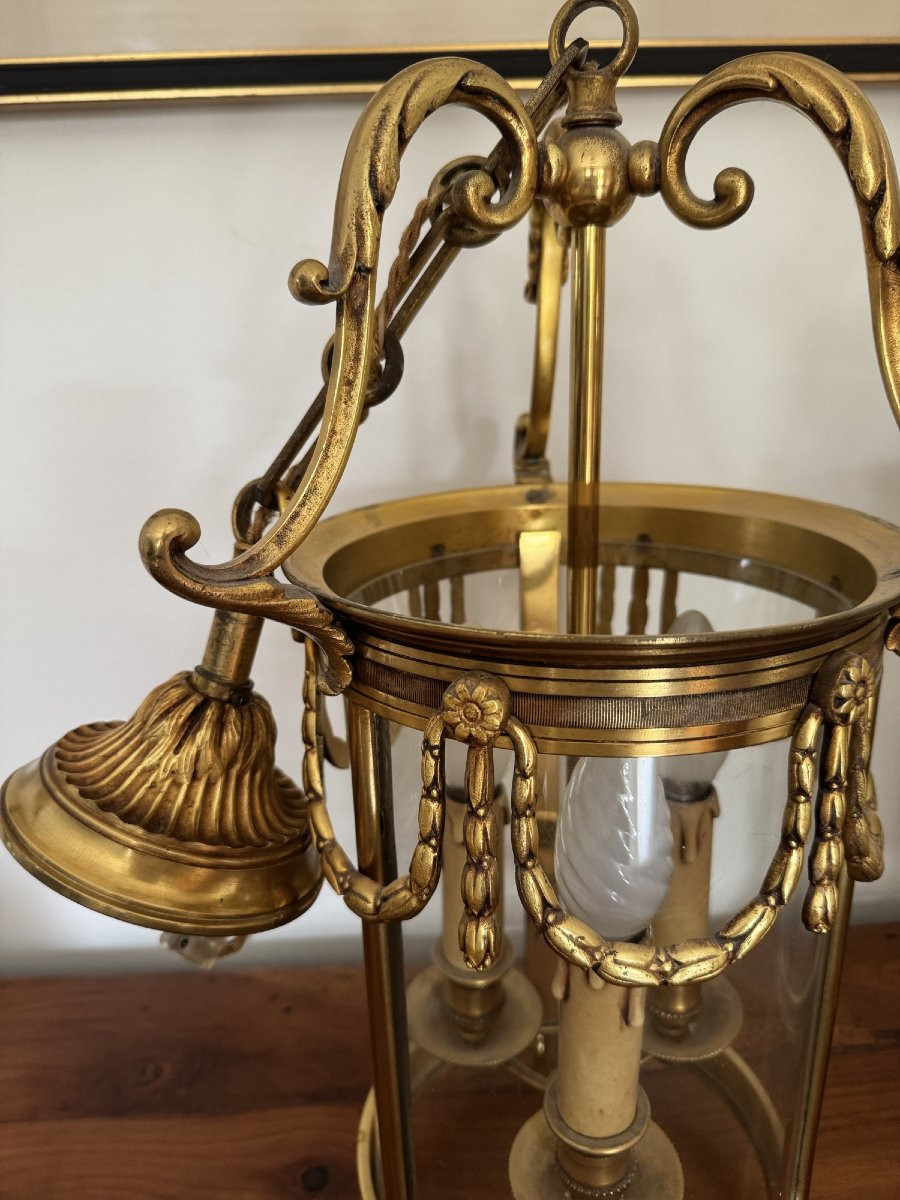 Ancienne Paire De Lanternes En Bronze Style  Louis XVI Milieu XX Eme Lustre Plafonnier 74 cm-photo-3