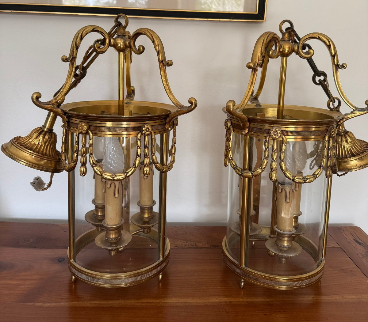 Antique Pair Of Louis XVI Style Bronze Lanterns Mid 20th Century Ceiling Chandelier 74 Cm-photo-4