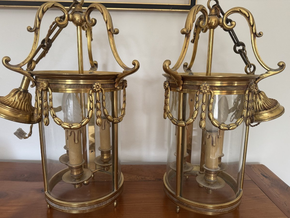 Antique Pair Of Louis XVI Style Bronze Lanterns Mid 20th Century Ceiling Chandelier 74 Cm-photo-6