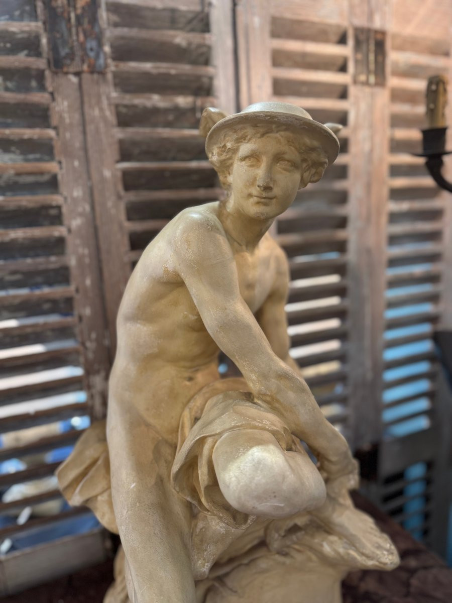 Antique Plaster Statue Of Mercury Tying His Heels Early 20th Century Plaster Louvre Museum-photo-2