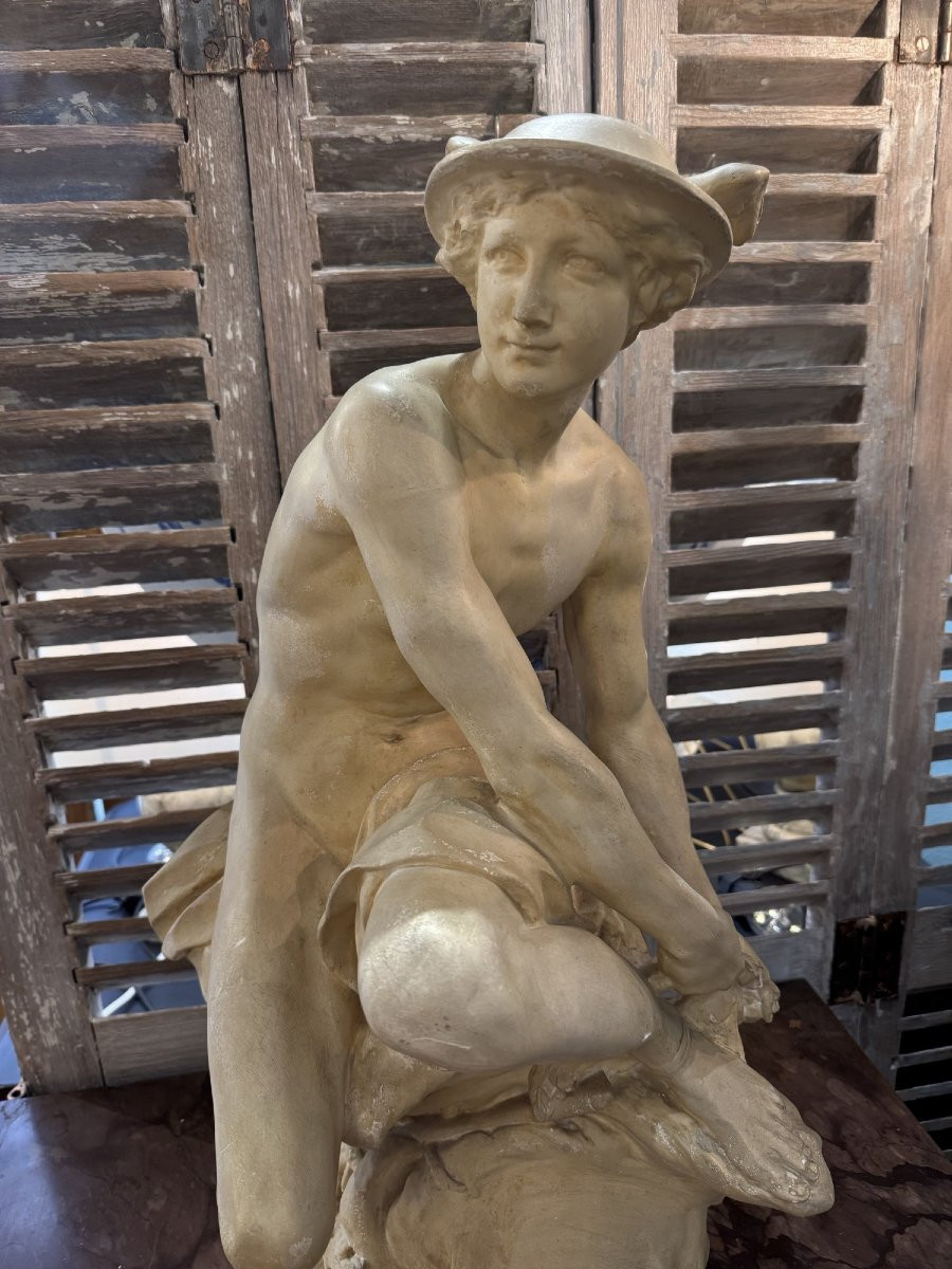 Antique Plaster Statue Of Mercury Tying His Heels Early 20th Century Plaster Louvre Museum-photo-3